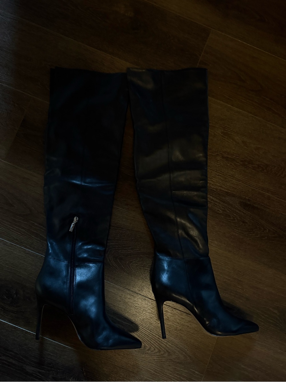 Schutz Classic Black Leather Knee-High Stiletto Boots